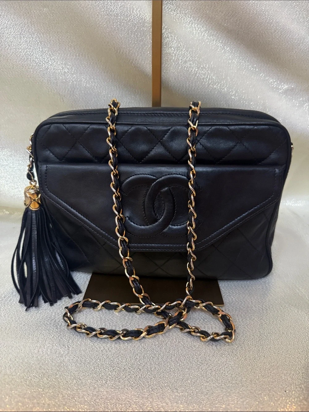 CHANEL Black Quilted Lambskin Shoulder Camera Bag with Tassel Vintage
